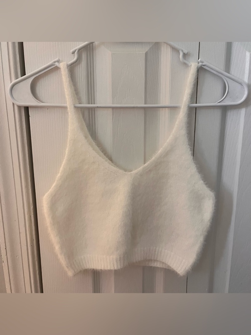 Cozy White Fuzzy V-Neck Cropped Cover Up Tank Top